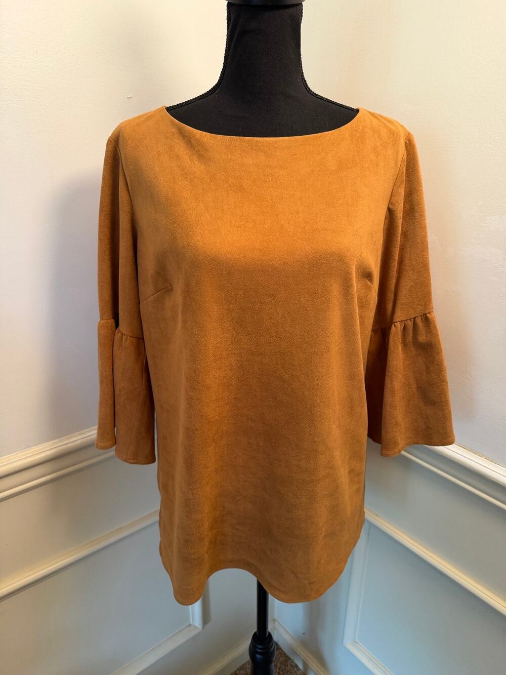 Sail to Sable STS Faux Suede 3/4 Ruffle Bell Sleeve Top Camel Brown Boho Western